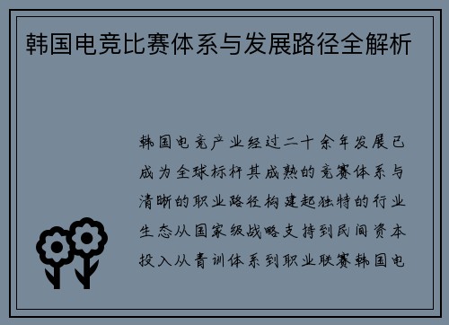 韩国电竞比赛体系与发展路径全解析