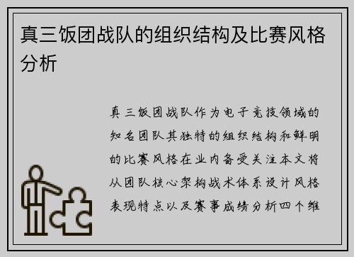 真三饭团战队的组织结构及比赛风格分析